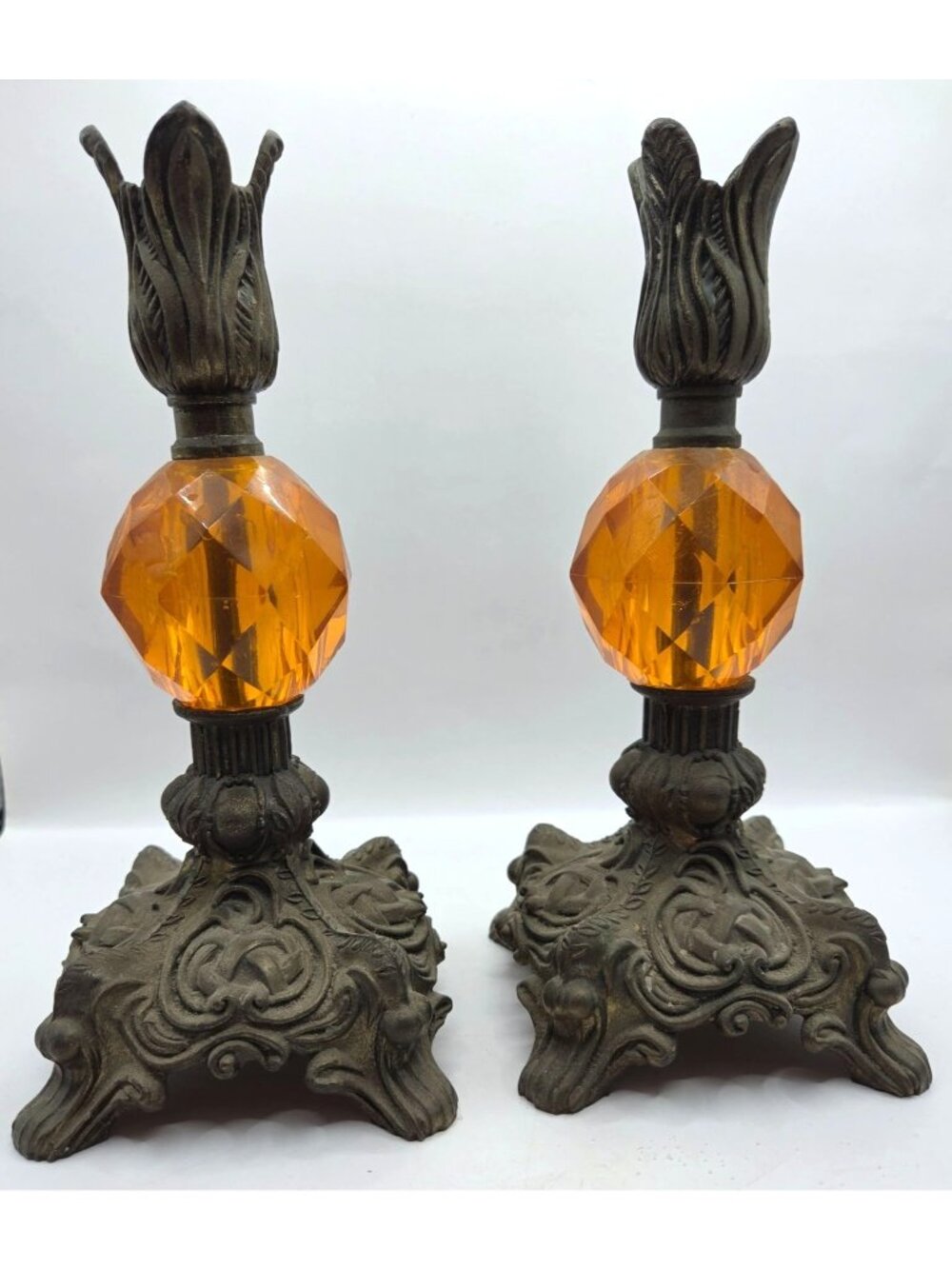 Vtg Hollywood Regency Cast Metal Amber Glass Candle Holders Pair Tulip Top 8" - Picture 3 of 12